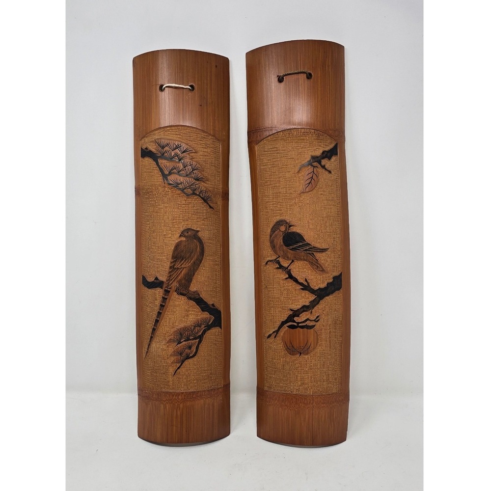 Vtg Japanese carved bamboo wall decor birds Wabi Sabi Boho Chic Eco-Friendly